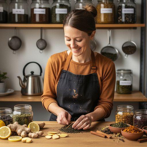 Egy színes tea keverék, amelyben a gyömbér és más fűszerek harmonikusan egyesülnek, lágy fényben.
